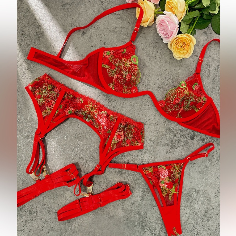 NWT - Red Flowers Mesh Sheer Lingerie Set